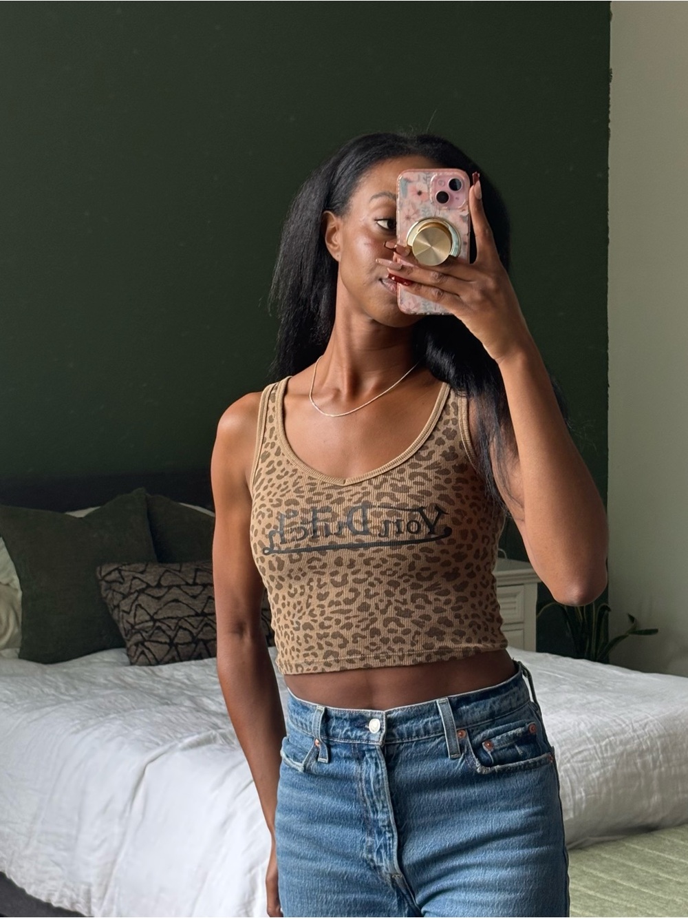 Von Dutch Leopard Print Scoop Crop Tank Top - Brown